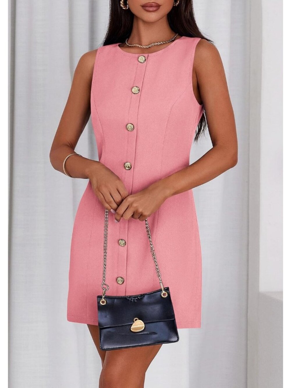 Pretty Garden Women's Peach Pink Sleeveless Button Down Elegant Mini Dress - Picture 4 of 6